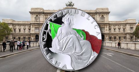 Talianská strieborná minca vydaná k 70. výročiu ústavy